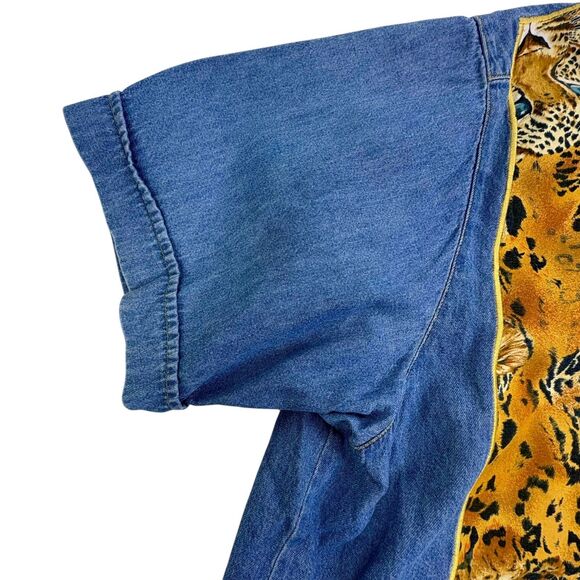 VTG  Denim Leopard Cheetah Shirt Quacker Factory SS Button Jungle Safari Large - Picture 6 of 12
